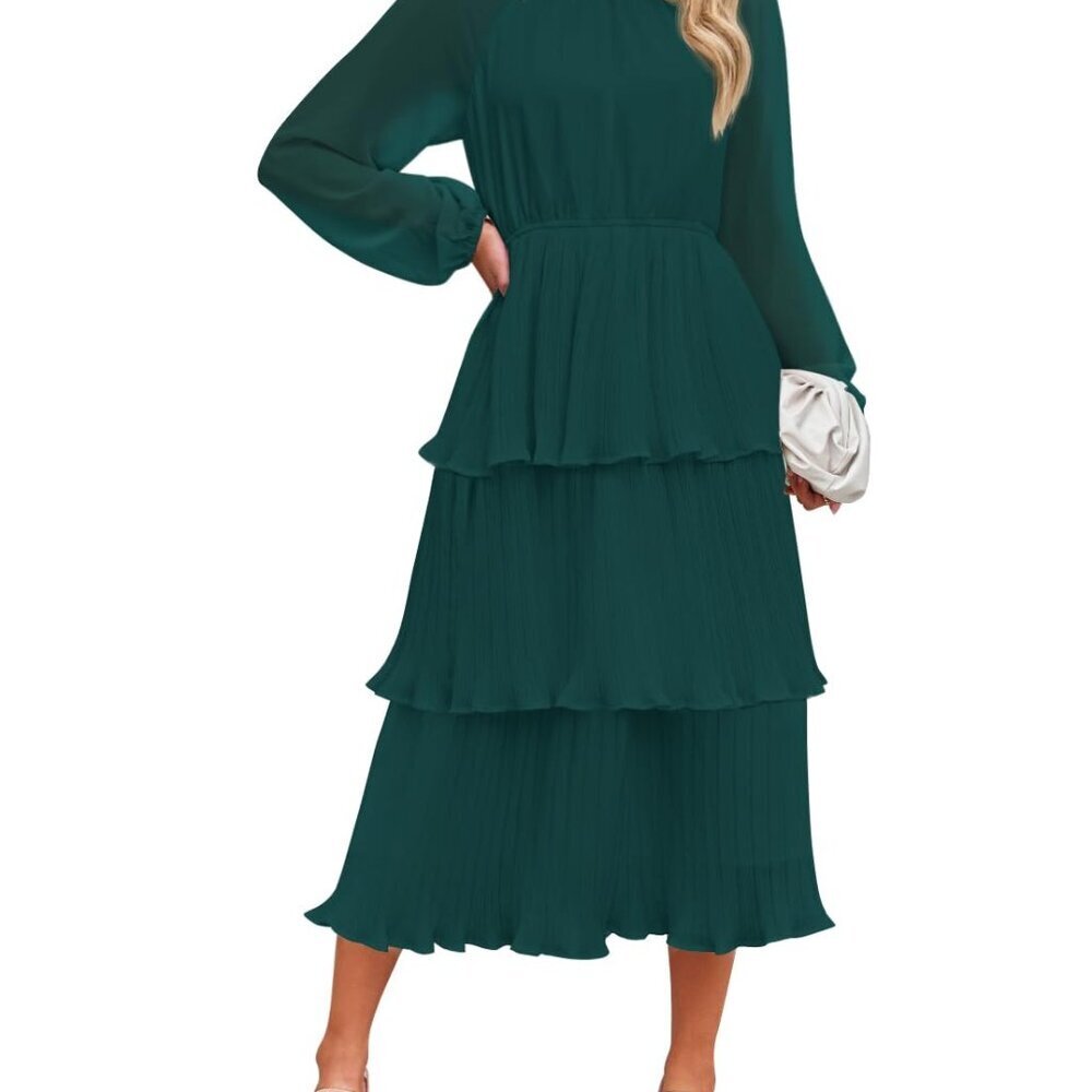 Chiffon Midi Dress Elegant Tiered Ruffle Swing Lantern Sleeves Wedding Guest